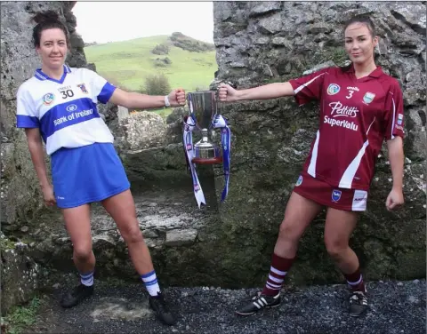  ??  ?? St. Martin’s captain Marie-Claire Morrissey and her St. Vincent’s counterpar­t, Ali Maguire, at the Rock of Dunamase near Portlaoise.