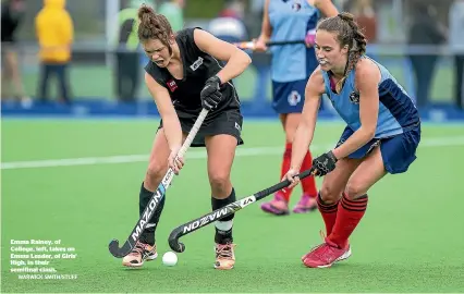  ?? WARWICK SMITH/STUFF ?? Emma Rainey, of College, left, takes on Emma Leader, of Girls’ High, in their semifinal clash.