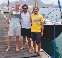  ??  ?? Pat, James and Tom before departure in Mindelo