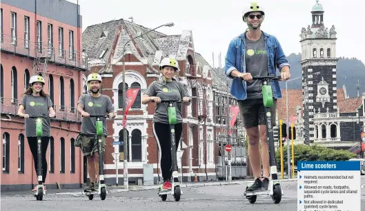  ?? PHOTO: STEPHEN JAQUIERY ?? Green light . . . Taking the Lime escooters for a spin down the Cumberland St shared cycle path before the launch of the service in Dunedin today are Lime city launcher (front right) Matt McNeill and employees Elena Khoo, James Samme and Ellie Fanning.