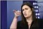  ?? SUSAN WALSH -THE ASSOCIATED PRESS ?? White House press secretary Sarah Huckabee Sanders calls on a reporter during the daily briefing at the White House in Washington, Wednesday, April 25, 2018. Sanders was asked about North Korea, the state visit of French President Emmanuel Macron and...