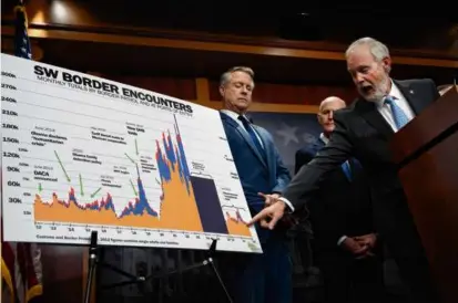  ?? DREW ANGERER/GETTY IMAGES ?? Senator Ron Johnson of Wisconsin at a news conference where he and other Republican­s said they wanted more time to review bills on Ukraine and the border.