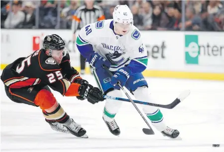  ?? JAE C. HONG, THE ASSOCIATED PRESS ?? Canucks centre Elias Pettersson wheels past Ducks forward Ondrej Kase in Anaheim on Wednesday.