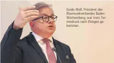  ?? ?? Guido Wolf, Präsident des Blasmusikv­erbandes BadenWürtt­emberg, war trotz Termindruc­k nach Ehingen gekommen.