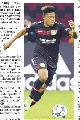  ??  ?? Bailey...scored twice when Leverkusen shocked Bayern with a 2-1 win at the Allianz Arena in November
