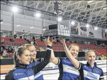  ?? FRAM DINSHAW/TRURO DAILY NEWS ?? Team Anna Hasselborg celebrates after winning the Pinty’s Grand Slam of Curling Masters women’s title Sunday, their second victory in less than a month. They won after a hard-fought game against Ottawa’s Rachel Homan at Truro’s Rath Eastlink Community Centre. From left, skip Anna Hasselborg, Sara Mcmanus, Agnes Knochenhau­er and Sofia Mabergs. For more on the Canadian Beef Masters, see B5
