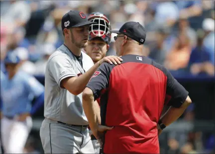  ?? COLIN E. BRALEY — THE ASSOCIATED PRESS ?? Trevor Bauer reacts as he is taken out by Terry Francona on July 28 in Kansas City, Mo.