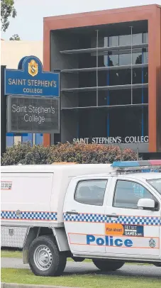  ?? Picture: GLENN HAMPSON ?? A police vehicle at St Stephen’s College in Upper Coomera after seven students overdosed on phenibut.