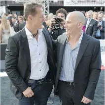  ?? PETER MCCABE/MONTREAL GAZETTE FILES ?? Despite their earlier intense rivalry, Michael Schumacher and Jacques Villeneuve were smiling at the Grand Evening party kicking off the 2012 Grand Prix weekend.