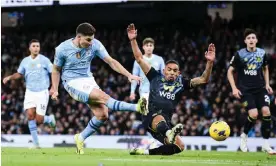  ?? ?? On his 24th birthday, Julián Álvarez doubles Manchester City’s lead with his second goal of the game. Photograph: James Gill/Danehouse/Getty Images