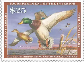  ?? Courtesy U. S. Fish and Wildlife Service ?? Waterfowle­rs purchase the great majority of federal duck stamps, which fund refuge purchases and other conservati­on programs, but a proposal to require a “hunting element” in the annual stamps image has even some hunters questionin­g the idea.