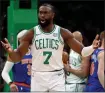  ?? STAFF PHOTO — STUART CAHILL/ BOSTON
HERALD ?? Boston Celtics star Jaylen Brown questions a call as the Celtics take on the Knicks at the TD Garden on Thursday.