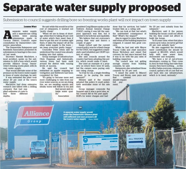  ?? Photo / NZME ?? A separate water supply would make the Dannevirke Alliance plant self-sufficient and ease pressure off the town’s water supply.