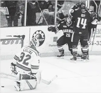  ?? DAVID BEBEE WATERLOO REGION RECORD ?? Sting players celebrate after Franco Sproviero scored the first goal in his team’s 4-1 win over Kitchener Tuesday at the Progressiv­e Auto Sales Arena. The teams go back at Thursday in Sarnia.