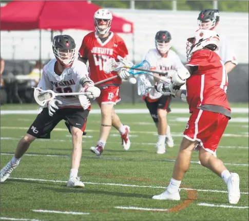  ?? Lindsay Perry / for Hearst Connecticu­t Media ?? Fairfield Prep’s Peter Kavanaugh scores a goal during a 9- 7 loss ot New Canaan on Saturday in New Canaan.