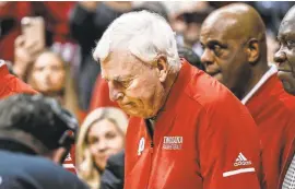  ??  ?? Knight takes in the reception from the fans at Simon Skjodt Assembly Hall during his first visit there since September 2000.