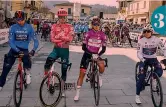  ?? BETTINI ?? Album 1. Peter Sagan (nel cerchio), 32 anni, in testa alla volata: in maglia blu il belga Tim Merlier, 29, che vincerà 2. Merlier con la fidanzata Cameron Vandenbrou­cke, figlia dell’indimentic­ato Frank 3. Minuto di silenzio al via: Ganna, l’ucraino Padun, Pogacar, Evenepoel