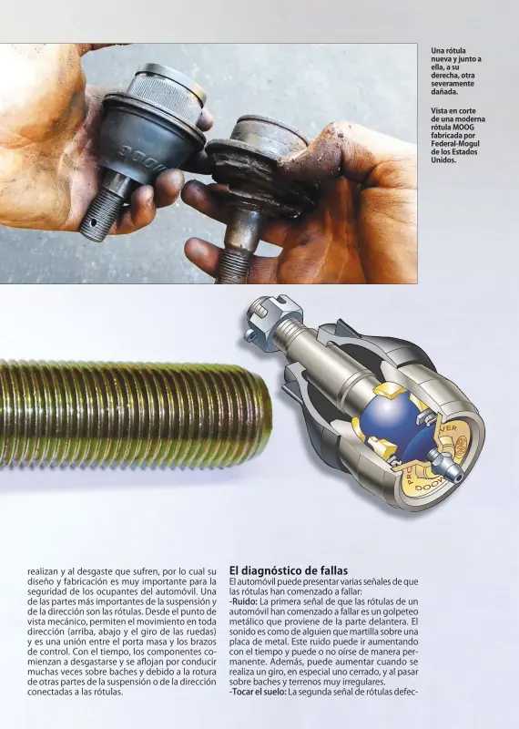  ??  ?? Una rótula nueva y junto a ella, a su derecha, otra severament­e dañada. Vista en corte de una moderna rótula MOOG fabricada por Federal-Mogul de los Estados Unidos.