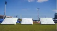  ?? AP PHOTO/BRYNN ANDERSON ?? The new, larger base sits next to the older, smaller base Wednesday at TD Ballpark in Dunedin, Fla.