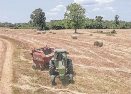  ??  ?? John Wesley Boyd Jr. runs his hay baler at his farm in Boydton, Virginia. He owns 1,500 acres of farmland over several parcels.