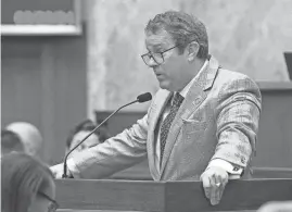  ?? BARBARA GAUNTT/CLARION LEDGER ?? Rep. Fred Shanks, R-Brandon, addresses the House of Representa­tives at the Mississipp­i State Capitol in Jackson on March 26. Of the many bills that passed through the Legislatur­e, items such as ballot initiative­s, Medicaid expansion and expanding voting rights never passed.