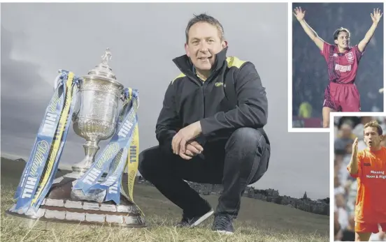  ??  ?? 2 Billy Dodds in St Andrews yesterday with the Scottish Cup trophy. The striker scored when Aberdeen won the League Cup in 1995, top, and then moved to Tannadice a few years later