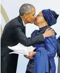  ?? Picture: Alon Skuy ?? Barack Obama greets Graça Machel at his presentati­on of the annual Nelson Mandela lecture this week.