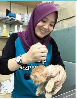  ?? — MARISSA ZAHARA ?? Animal doctor Aishah with a feline patient. Staying true to a veterinari­an’s pledge, she treats all kinds of animals that need help.