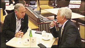  ??  ?? Newly appointed special envoy to the US Babe Romualdez chats with Foreign Affairs Secretary Perfecto Yasay Jr. at the Imperial Tower Hotel lounge in Tokyo yesterday.