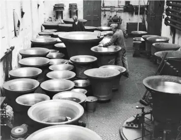  ??  ?? The bells of Manchester Town Hall and Leicester Cathedral are tuned at John Taylor’s foundry in Loughborou­gh in February 1937