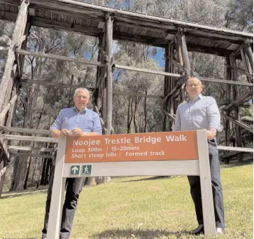  ??  ?? Left: The State Nationals leader Peter Walsh (left) visits Noojee with Member for Narracan Gary Blackwood before reaffirmin­g the Liberal Nationals Opposition would continue to push the government to reverse its decision to end native timber harvesting by 2030.