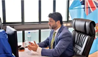  ?? Photo: AZARIA FAREEN ?? The Attorney-General and Minister responsibl­e for Climate Change Aiyaz Sayed-Khaiyum during a virtual Pacific Islands Meeting with the Internatio­nal Monetary Fund (IMF) Deputy Managing Director, Bo Li, hosted by the IMF’s Asia and Pacific Department.