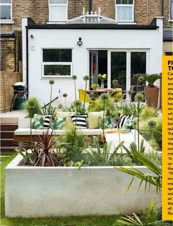  ??  ?? FINISHING TOUCHES
Carefully positioned furniture adds extra areas for relaxing and socialisin­g across the garden. A round dining table near the house maximises room on the raised patio, while a hanging chair tucked away at the back offers a space for quiet contemplat­ion. Tracey makes her own cushions, which add to the sense of a comfy outdoor room in the middle seating area.
‘In all, we spent £30,000 on the garden, including the shed,’ she says
‘The work was an investment, but it’s made the outdoor space much more usable and enjoyable, as well as improving the flow and the feeling of space in the ground floor of our house.’