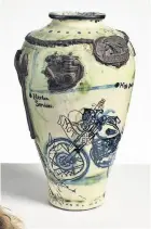  ??  ?? The Biker Pot, 1992 and The Cocktail Party, 1989 – both the glazed ceramics are among Grayson Perry’s lost and now found work