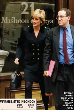  ?? ?? Divorce battle: Diana with Mishcon lawyer Anthony Julius