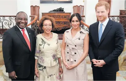  ?? Picture: EPA-EFE ?? ROYAL VISIT. Prince Harry and wife Meghan meet with President Cyril Ramaphosa and his wife Tshepo Motsepe at his official residence in Pretoria yesterday as they wrap up their 10-day tour of Africa.