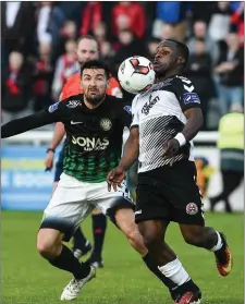  ??  ?? Fuad Sule of Bohemians in action against Jason Marks of BrayWander­ers during the SSE Airtricity League Premier Division match between Bray Wanderers and Bohemians at the Carlisle Grounds.