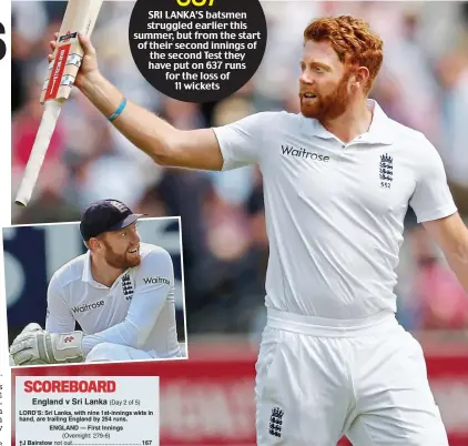  ?? PA/REUTERS ?? Eventful day: Bairstow salutes the crowd at Lord’s after his innings, before his drop (inset) brings him back down to earth