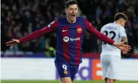  ?? Photograph: Alejandro García/EPA ?? Robert Lewandowsk­i celebrates after scoring the third goal that set the seal on Barcelona’s 3-1 win over Napoli.