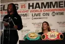  ??  ?? Shields was brimming with confidence at Tuesday’s news conference with Hammer to announce their middleweig­ht championsh­ip unificatio­n fight. Photograph: Michael Owens/Getty Images