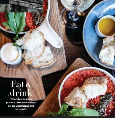  ??  ?? From top left: Cargo Brewery’s Malcolm Blakey mans the pizza oven; wild rabbit with romesco crust at The Grille by Eichardt’s; a punter inspects Julie Milne’s fresh produce at the Remarkable­s Market. Opposite: clockwise from top left: coffee cart at...