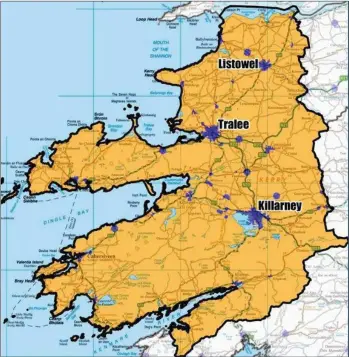  ??  ?? Kerry’s broadband woes: The areas that have access to High Speed Broadband are highlighte­d in blue above. They are concentrat­ed in the larger towns such as Tralee, Killarney and Listowel, leav ing large swathes of Kerry without adequate coverage.