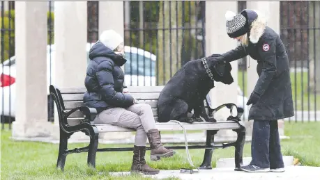  ?? NICK BRANCACCIO ?? Bundled up in winter coats, Cheryl Putt, left, and friend Tina Pickle take a breather with Labrador retriever Bauer while walking at Willistead Park on Wednesday, when temperatur­es reached a high of 4 C. Big swings in temperatur­e are expected to continue for the next two weeks