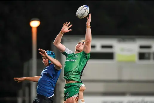  ??  ?? Sligo’s Cillian ‘Crouchy’ Gallagher wins the ball in the lineout against Leinster’s Will Connor during an Interprovi­ncial Championsh­ip game at Donnybrook.