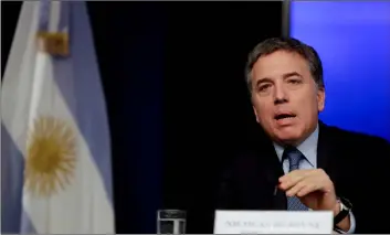  ?? AP PHOTO/NATACHA PISARENKO ?? Argentina’s Treasury Minister Nicolas Dujovne gives a news conference in Buenos Aires, Argentina on Monday.