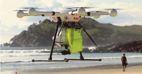  ??  ?? DRON lengkap dengan pelampung yang digunakan pengawal pantai Australia untuk menyelamat perenang yang hampir lemas di negara itu. - Agensi