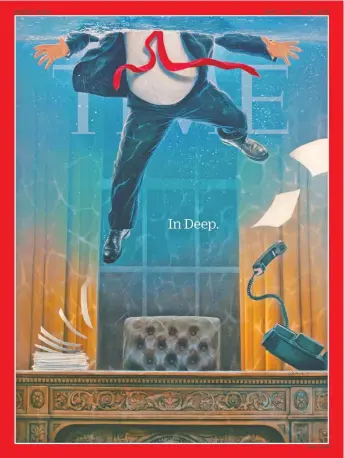  ??  ?? En su edición de septiembre, la revista Time muestra a Trump en el Despacho Oval, con “el agua al cuello”.