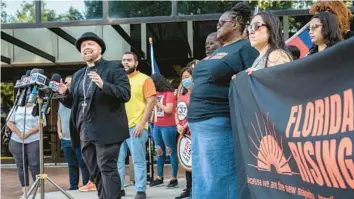  ?? WILLIE J. ALLEN JR./ORLANDO SENTINEL ?? The Rev. Charles T. Myers talks about the disparitie­s for renters during the news conference to grow support for rent stabilizat­ion outside the Orange County Commission­ers offices in Orlando on Thursday.