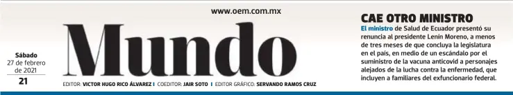  ?? EDITOR: COEDITOR: EDITOR GRÁFICO: ?? Sábado
27 de febrero de 2021
VICTOR HUGO RICO ÁLVAREZ
JAIR SOTO
SERVANDO RAMOS CRUZ