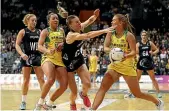  ??  ?? Silver Ferns’ Katrina Grant defends against Australia’s Stephanie Wood during the third Constellat­ion Cup test in Hamilton.